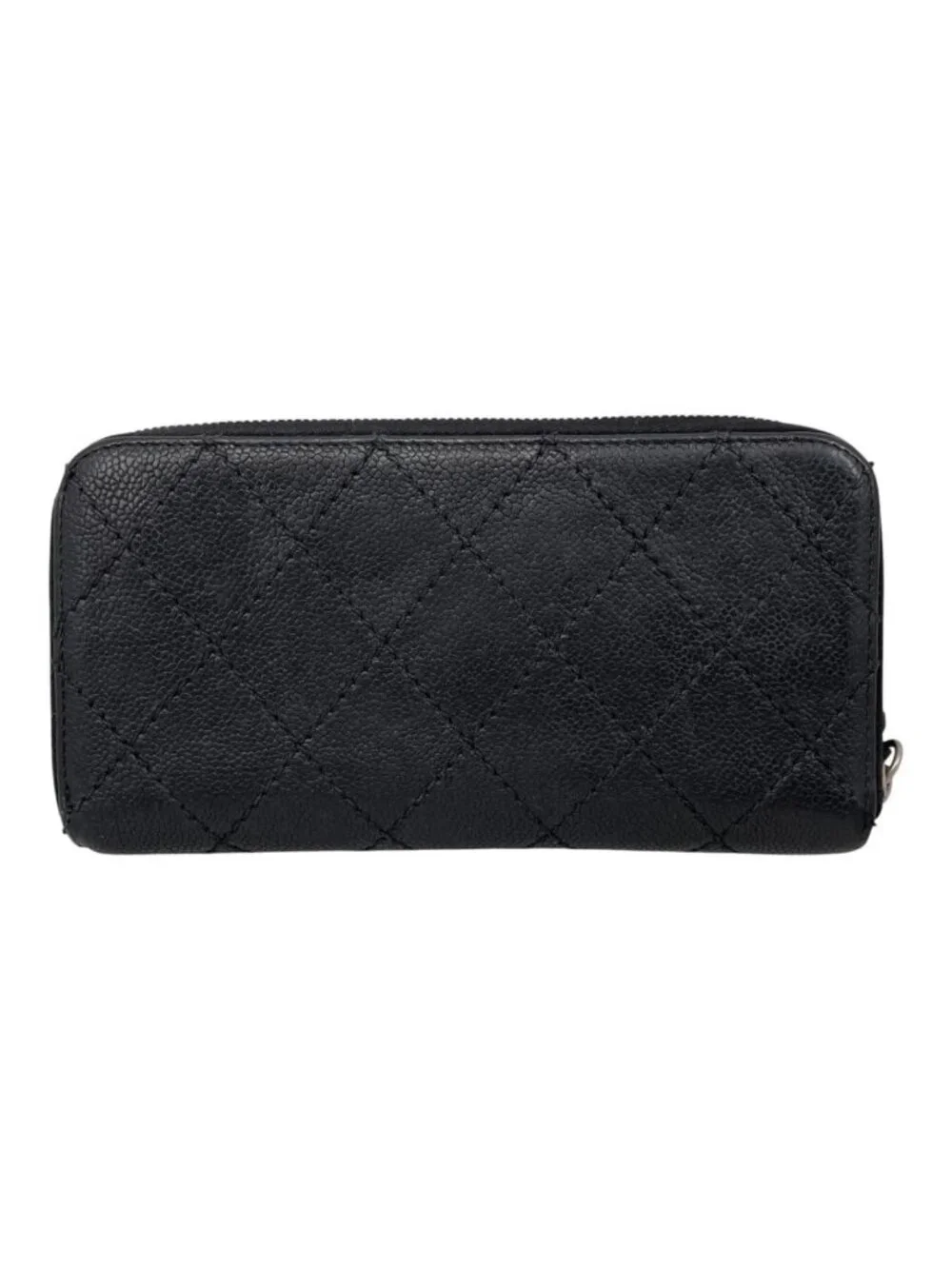 Chanel 2 Fold Wallet Wild Stitch Quilted Caviar Leather CC Logo Black Silver